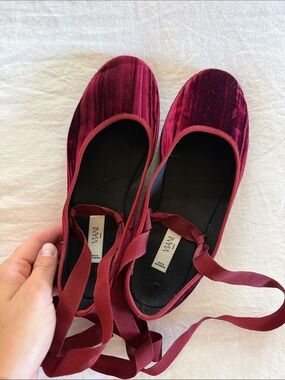 VIAH Velvet Burgundy Ballet Flats with Ankle Ribbon